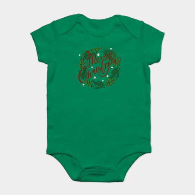 Merry Christmas Wreath Baby Bodysuit by D_AUGUST_ART_53